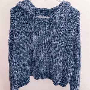 Blue Chenille Hooded Pullover Sweater